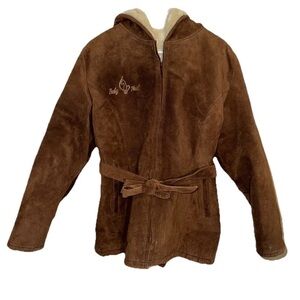 Baby Phat Vintage Suede Leather Hooded Coat Brown Belted Faux Shearling Womens L